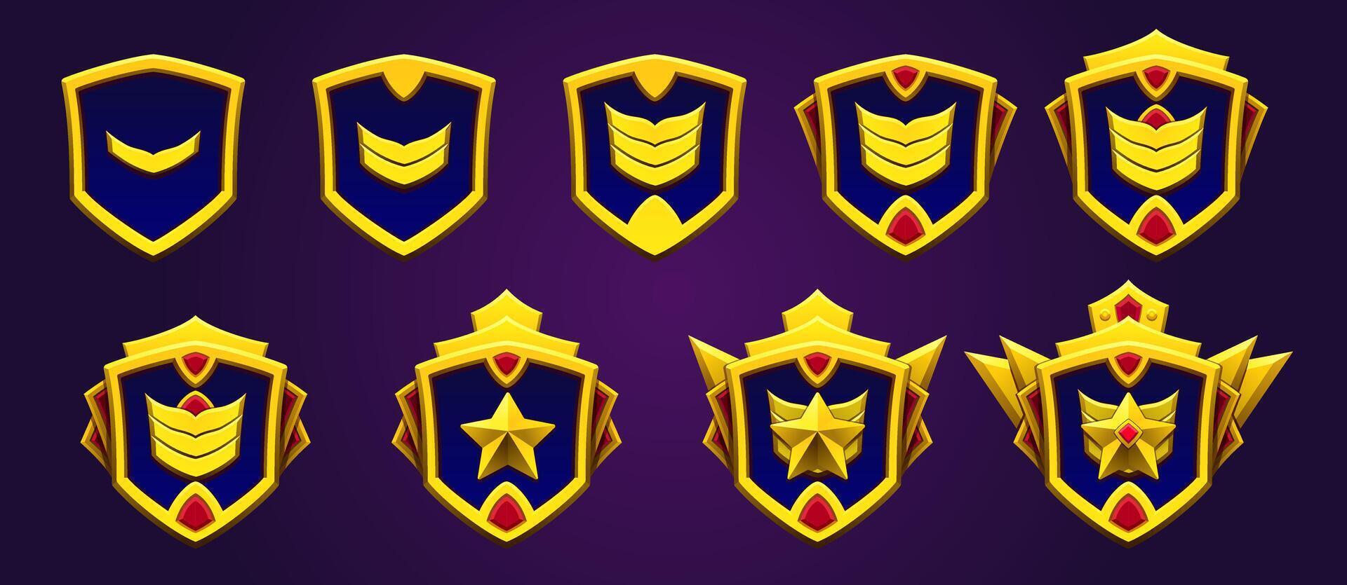 Award player emblem set. Gold game rank player level. Legend, epic achievements and badges. Metallic style gemstone, star. Fantasy, adventure. vector