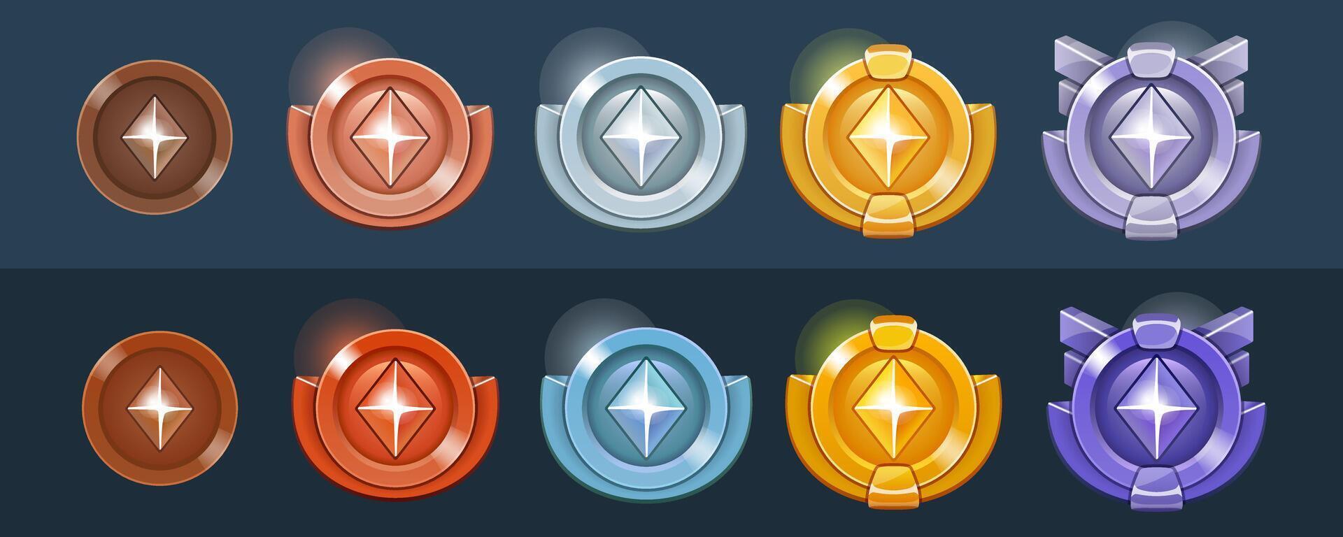 Colorful metallic game rank badges. Wood, bronze, cooper, golden, silver, silvered, platinum. Realistic, flat style. vector