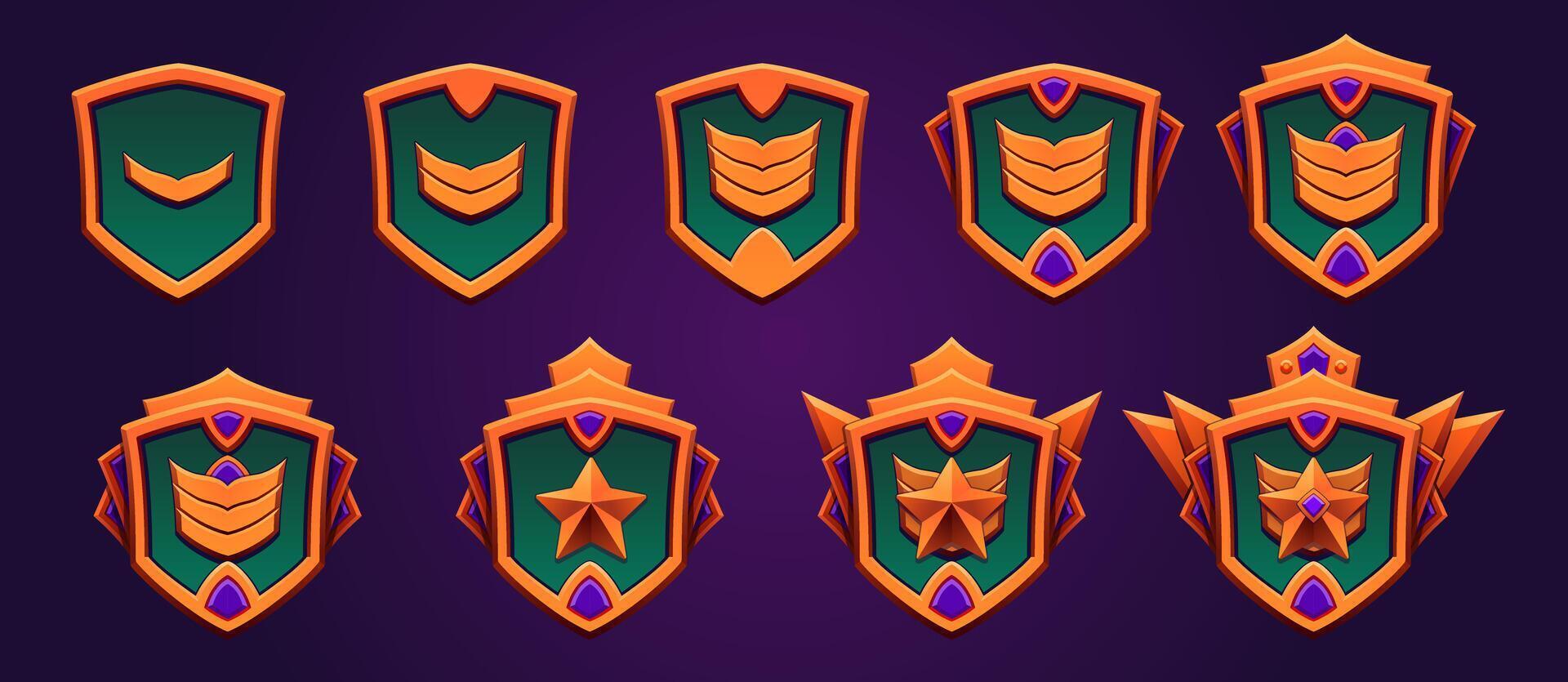 Magic bronze game rank level set. Perfect for epic, legend achievements and badges. Progress award for games. Metallic style gemstone, star. Fantasy, adventure. vector