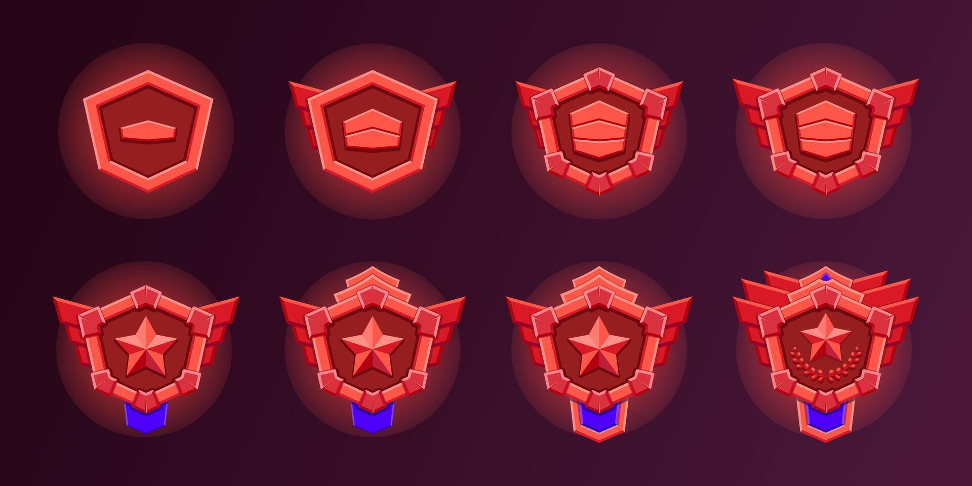 Red bronze level game level badges set. 8 Realistic of red bronze hexagon with level progress symbol. Realistic flat design. Metallic style. Progress and awards. vector