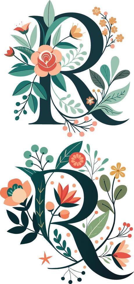 Floral Letter Monogram R clipart vector