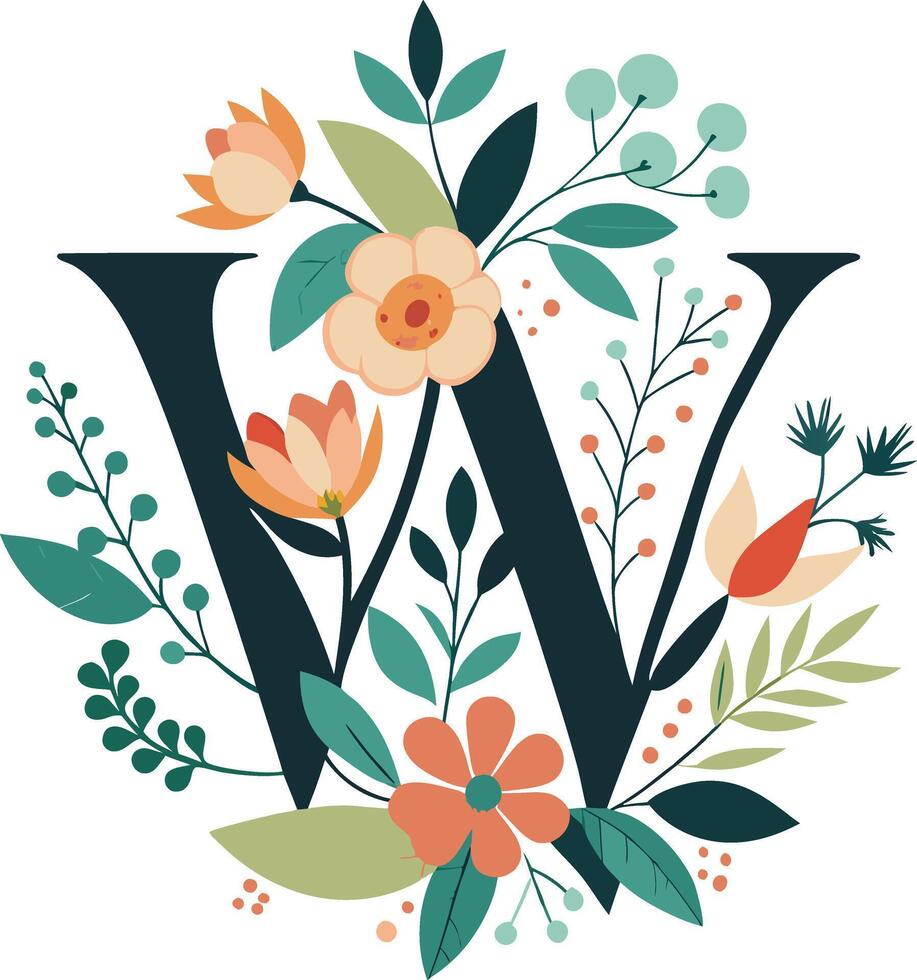 Floral Letter Monogram W clipart vector