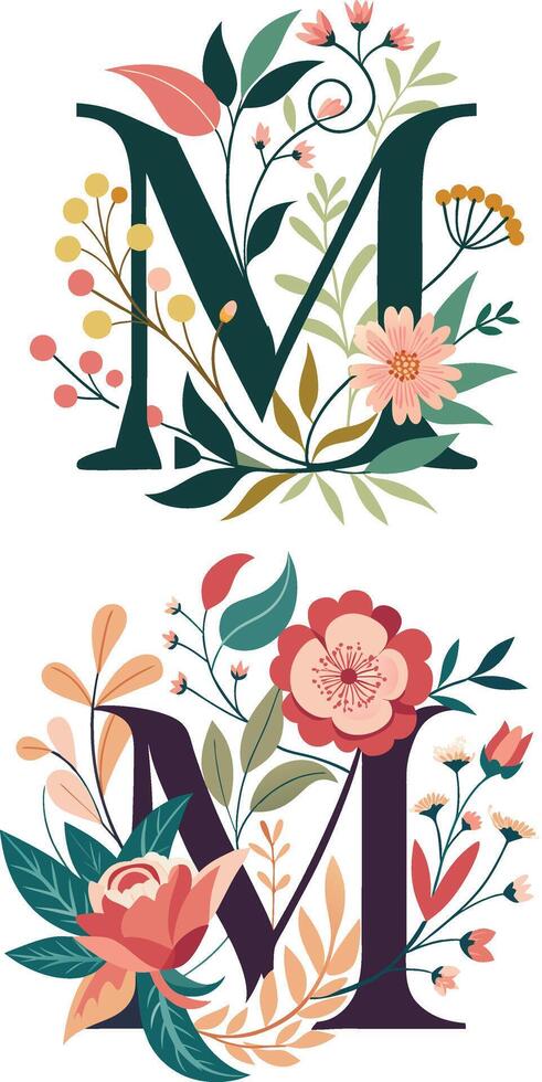 Floral Letter Monogram M clipart vector