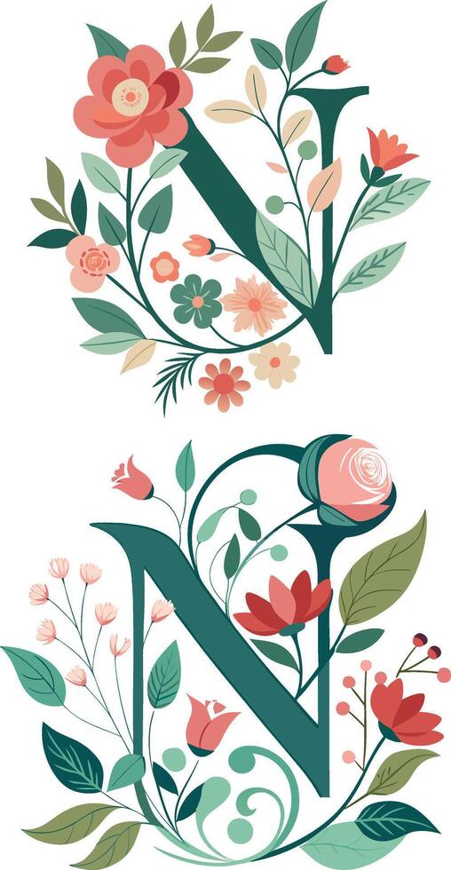 Floral Letter Monogram N clipart vector