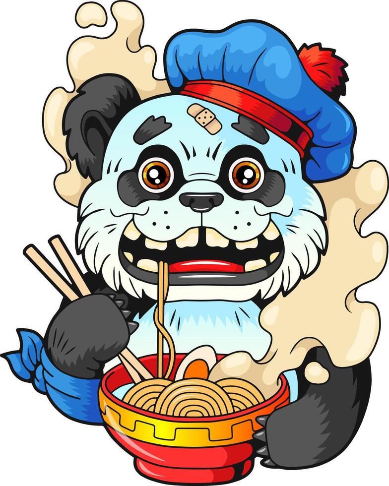 funny panda eating ramen noodles vector