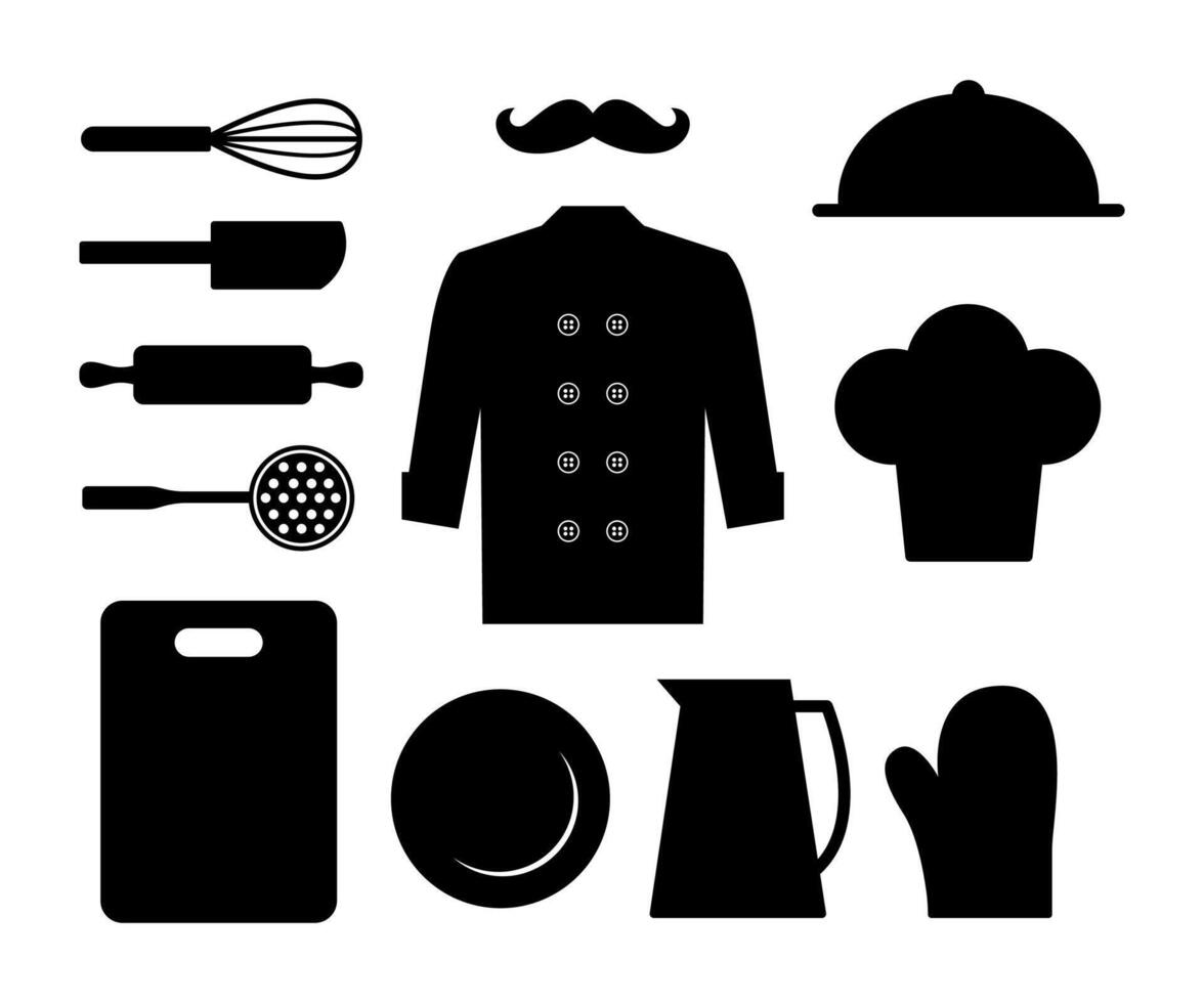 Chef uniform kitchen utensils collection silhouette isolated on white vector