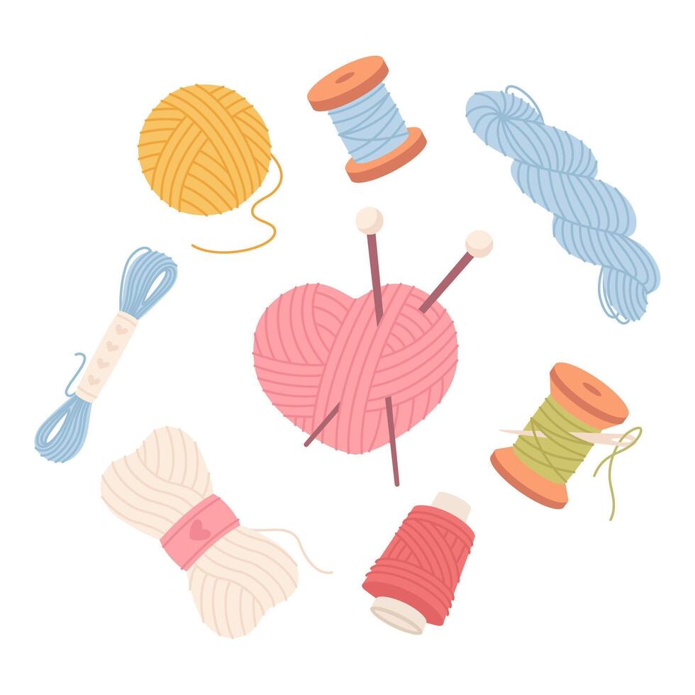 Threads and yarn for knitting, illustration on white background vector