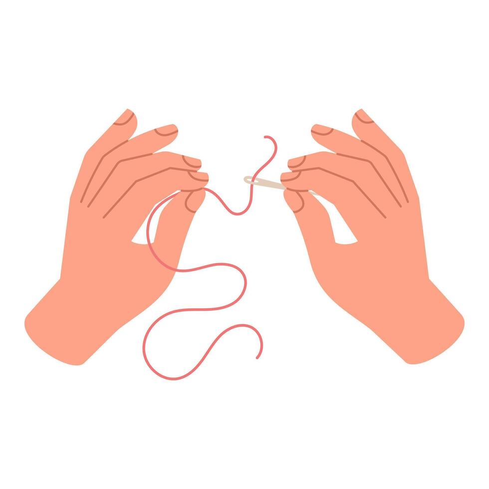 Hands threading a needle for sewing, illustration on white background vector