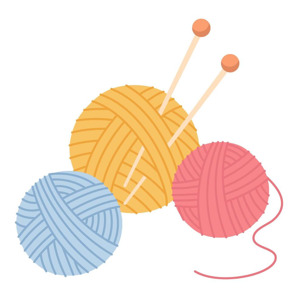 Knitting set, balls of yarn, knitting needles, isolated on white background vector