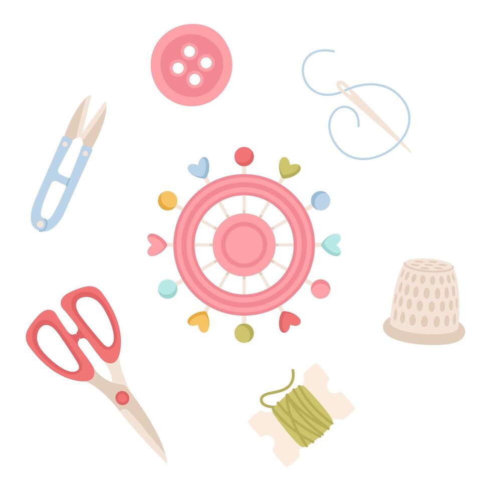 Sewing kit, needle case, scissors, thimble, on white background illustration vector