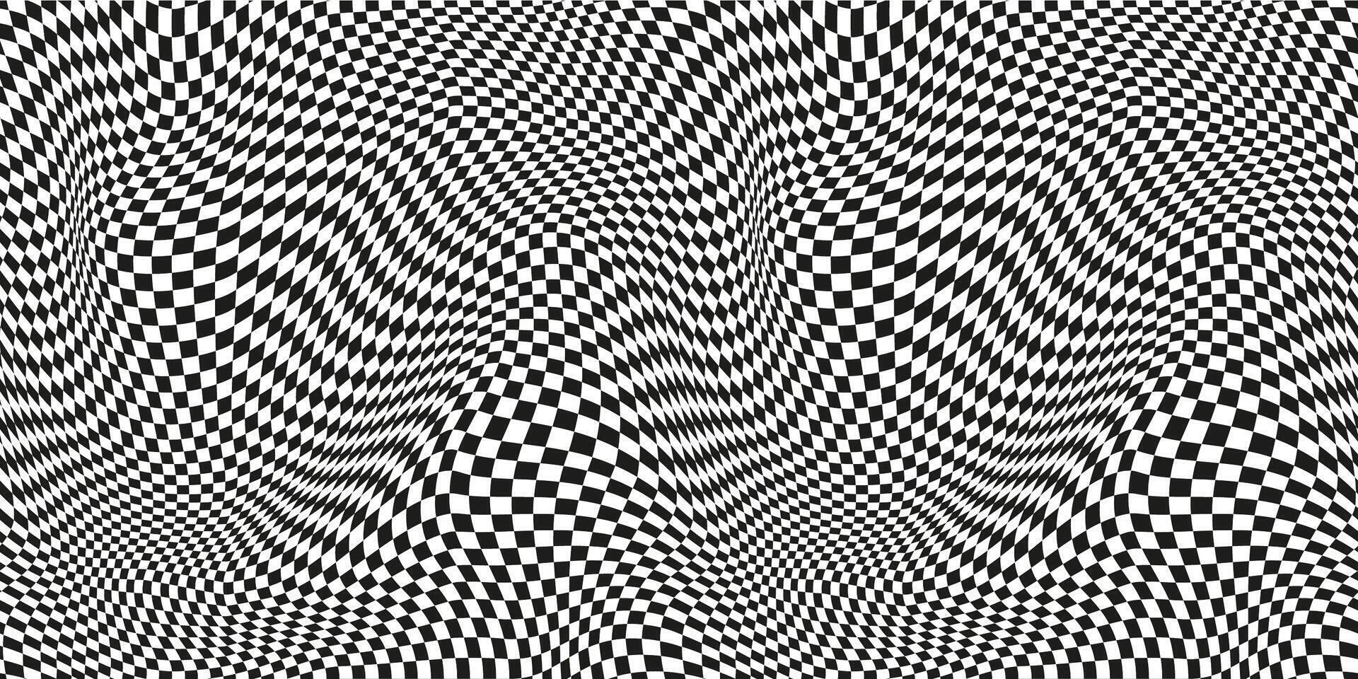 Seamless checkered pattern. Distorted optical illusion banner. Op art checkered curved pattern. vector