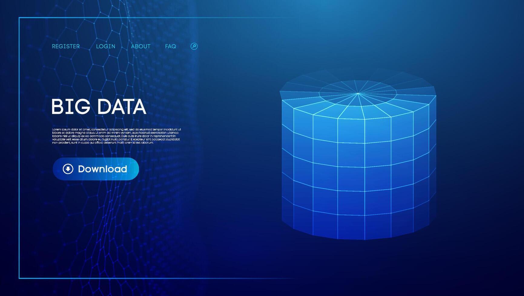 Bid data blue background. Wireframe cylinder . Network connection. vector