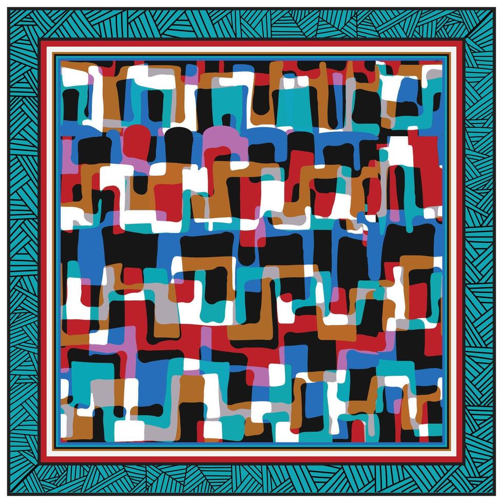 Colorful abstract mosaic pattern with a geometric border, a visually striking square pattern composed of red, blue, and black squares, creating a dynamic geometric design. vector