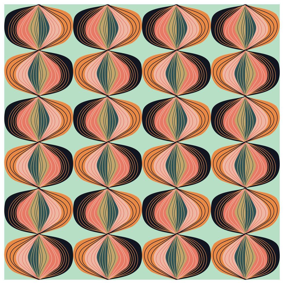 A seamless pattern of overlapping geometric shapes in orange, black, and green hues. vector