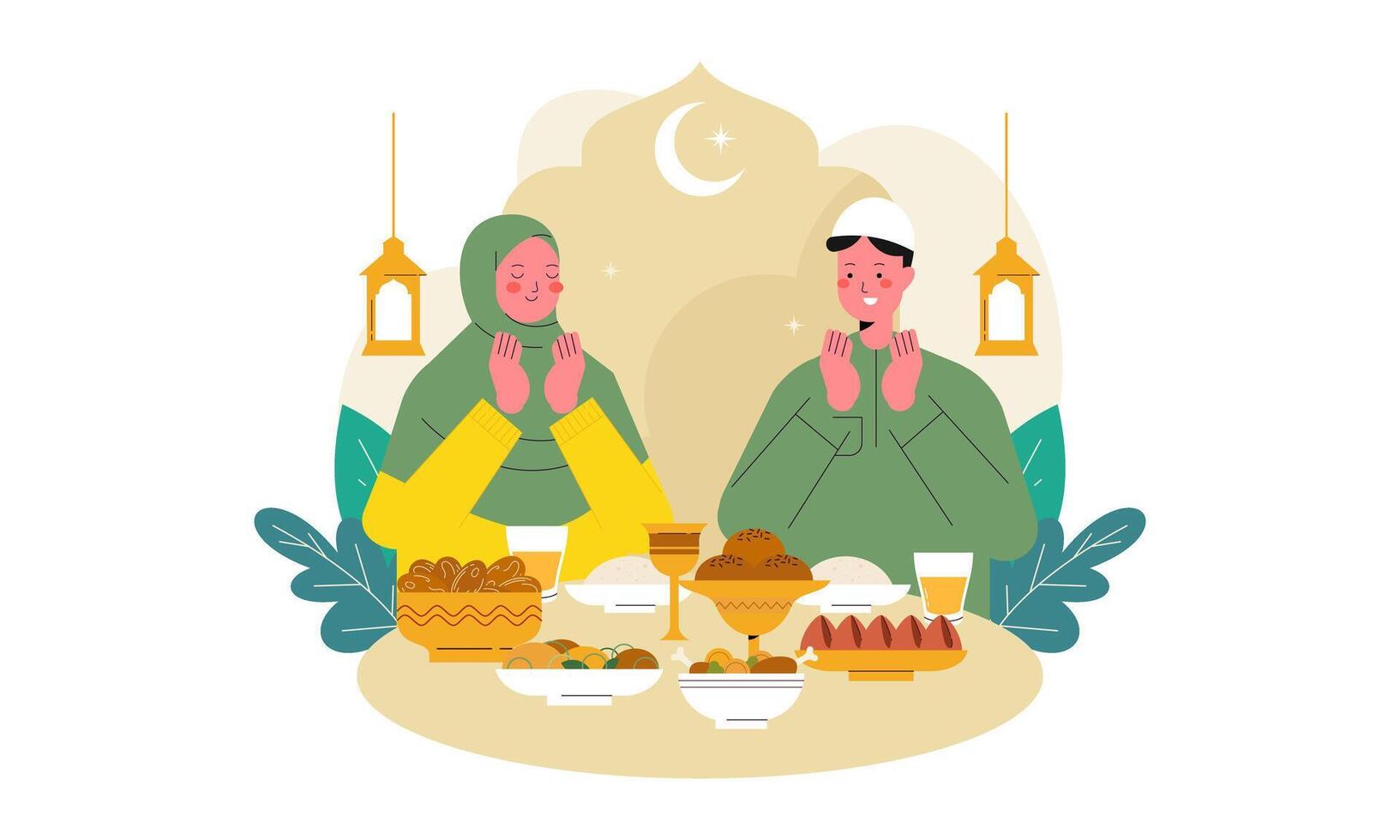 Flat Design Illustration of Muslim Couple Breaking the Fast in Ramadan. Design for Landing Page, Banner, Background, Poster, Social Media Post Template. vector
