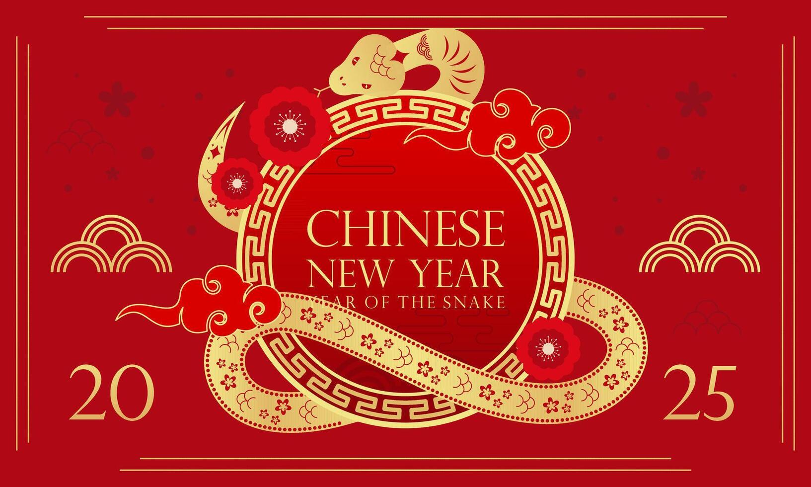 Happy Lunar New Year. Chinese New Year 2025 Year of the Snake Zodiac in Gold on a Red Background Illustration vector