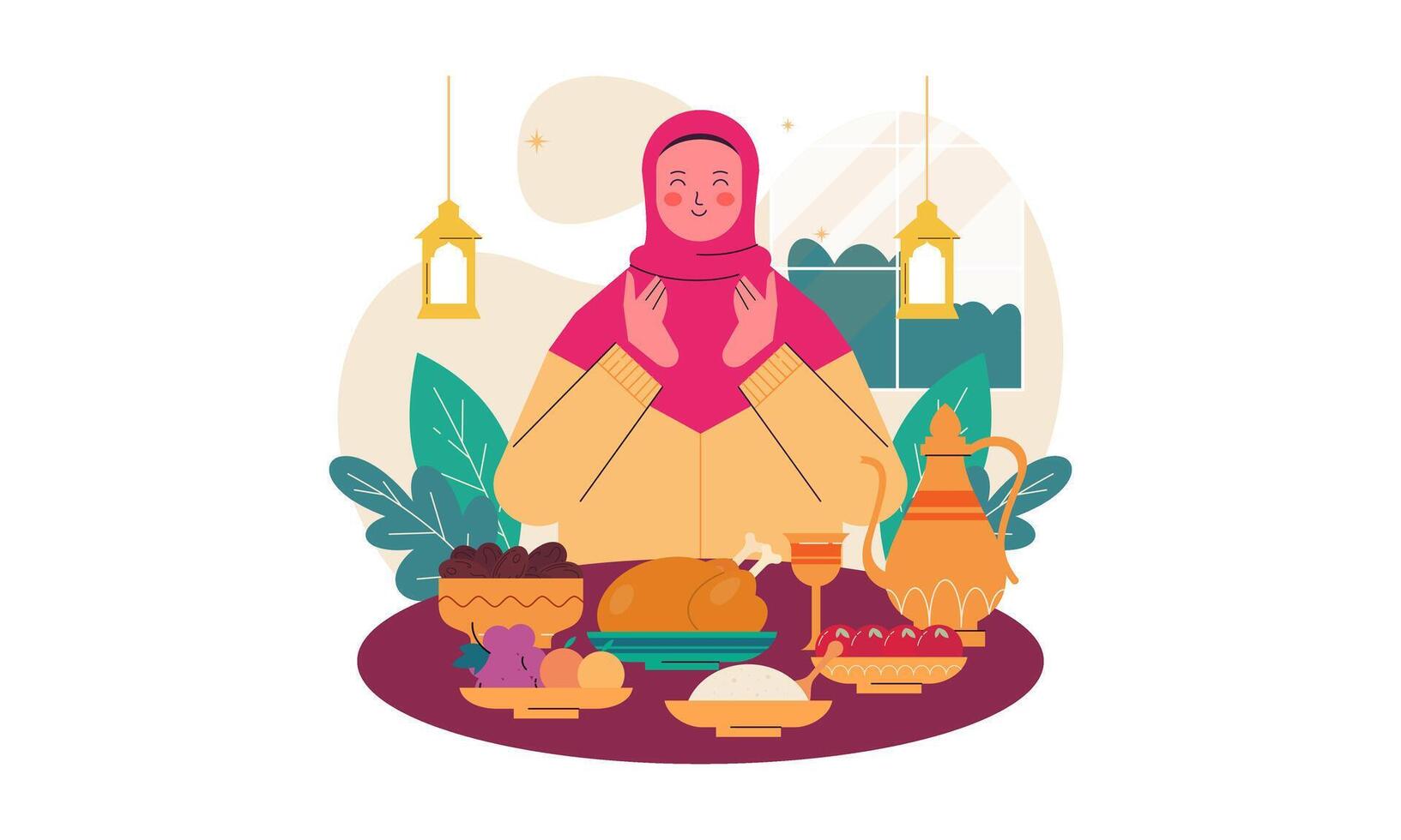 Iftar Eating after Fasting Feast Party Concept. Flat Design Illustration of Muslim Woman Breaking the Fast in Ramadan. Design for Landing Page, Banner, Background, Poster, Social Media Post Template. vector