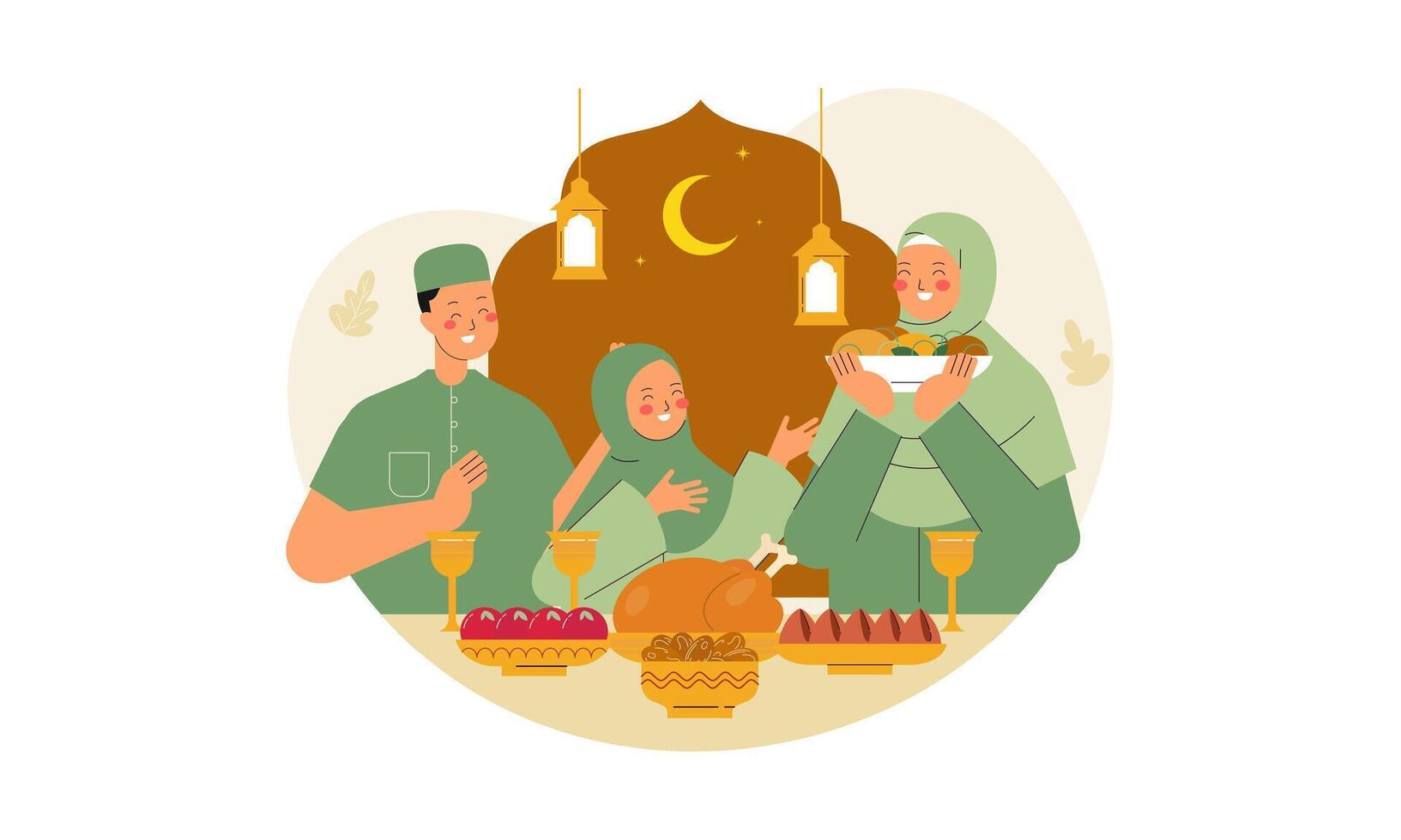 Iftar Eating after Fasting Feast Party Concept. Flat Design Illustration of Muslim Family Breaking the Fast in Ramadan. Design for Landing Page, Banner, Background, Poster, Social Media Post Template. vector