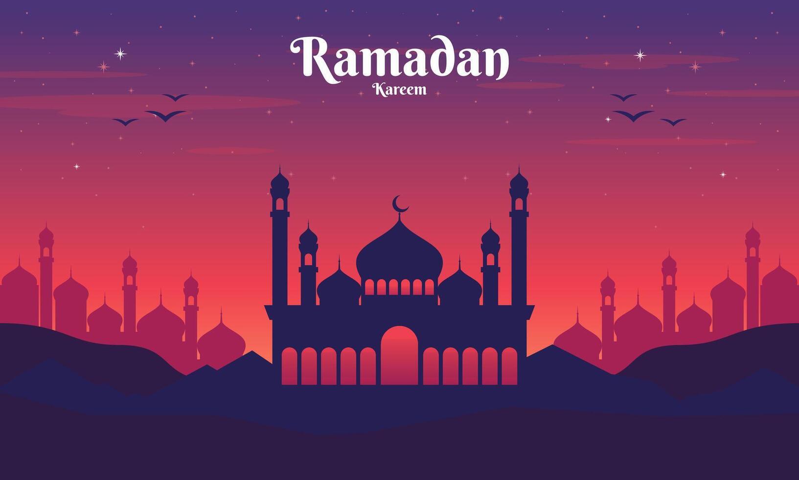 Ramadan Kareem sunset background with mosque silhouette and stars vector