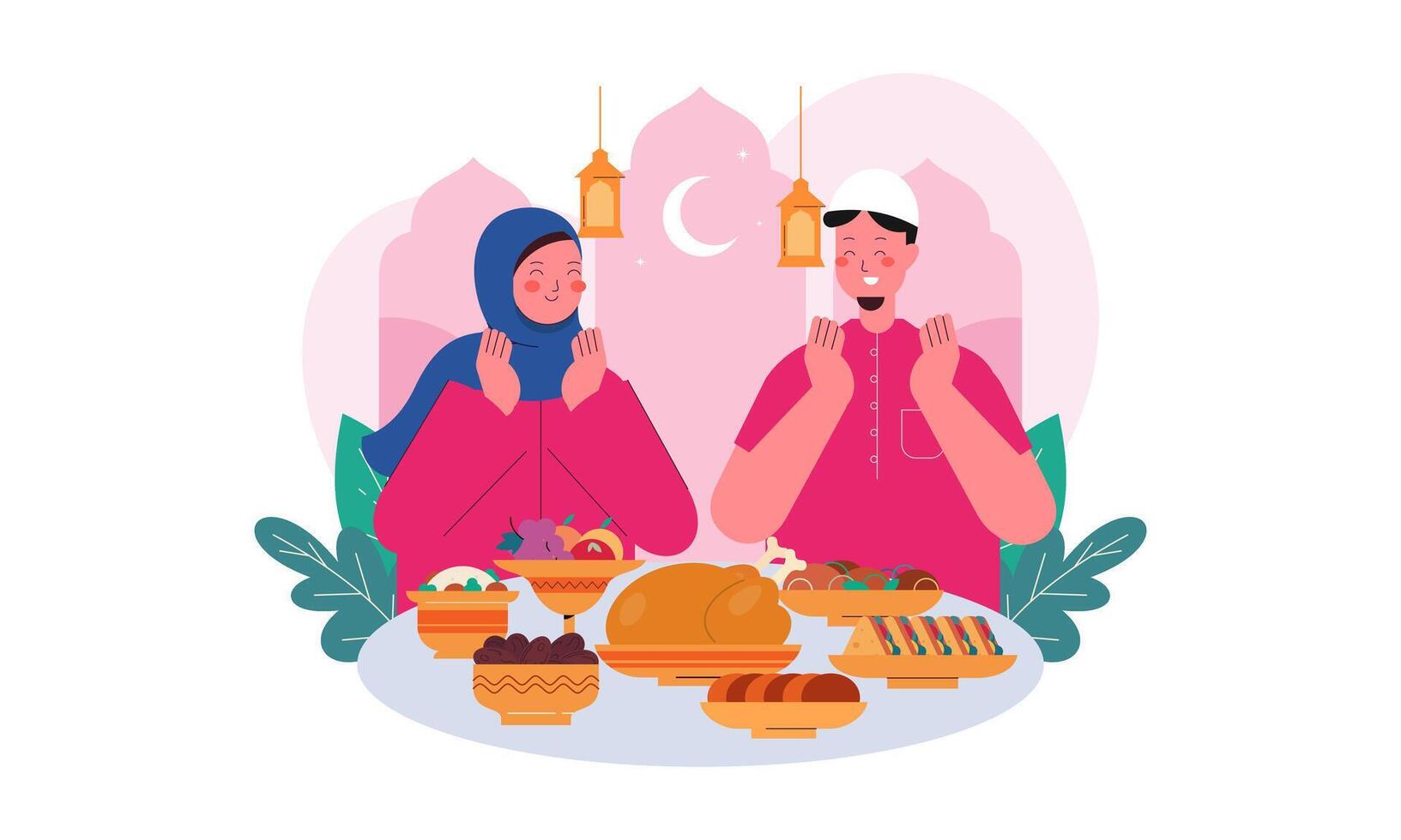 Iftar Eating after Fasting Feast Party Concept. Flat Design Illustration of Muslim Couple Breaking the Fast in Ramadan. Design for Landing Page, Banner, Background, Poster, Social Media Post Template. vector