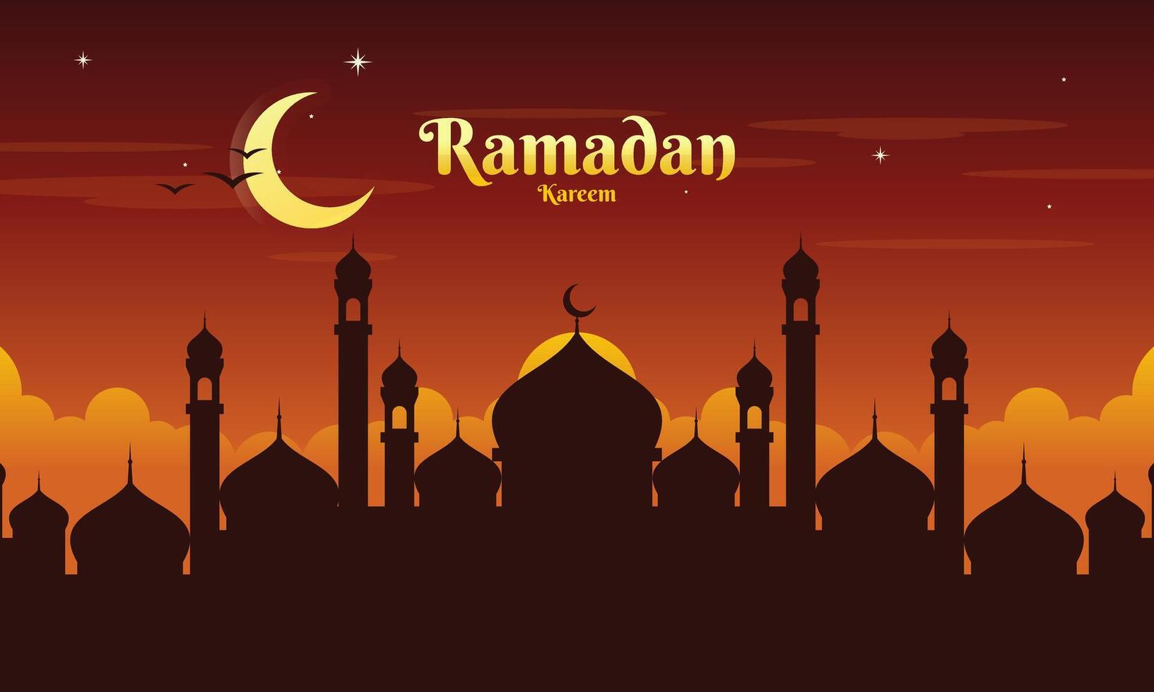 Ramadan Kareem Greeting Card with Mosque Silhouette and Crescent Background Illustration vector