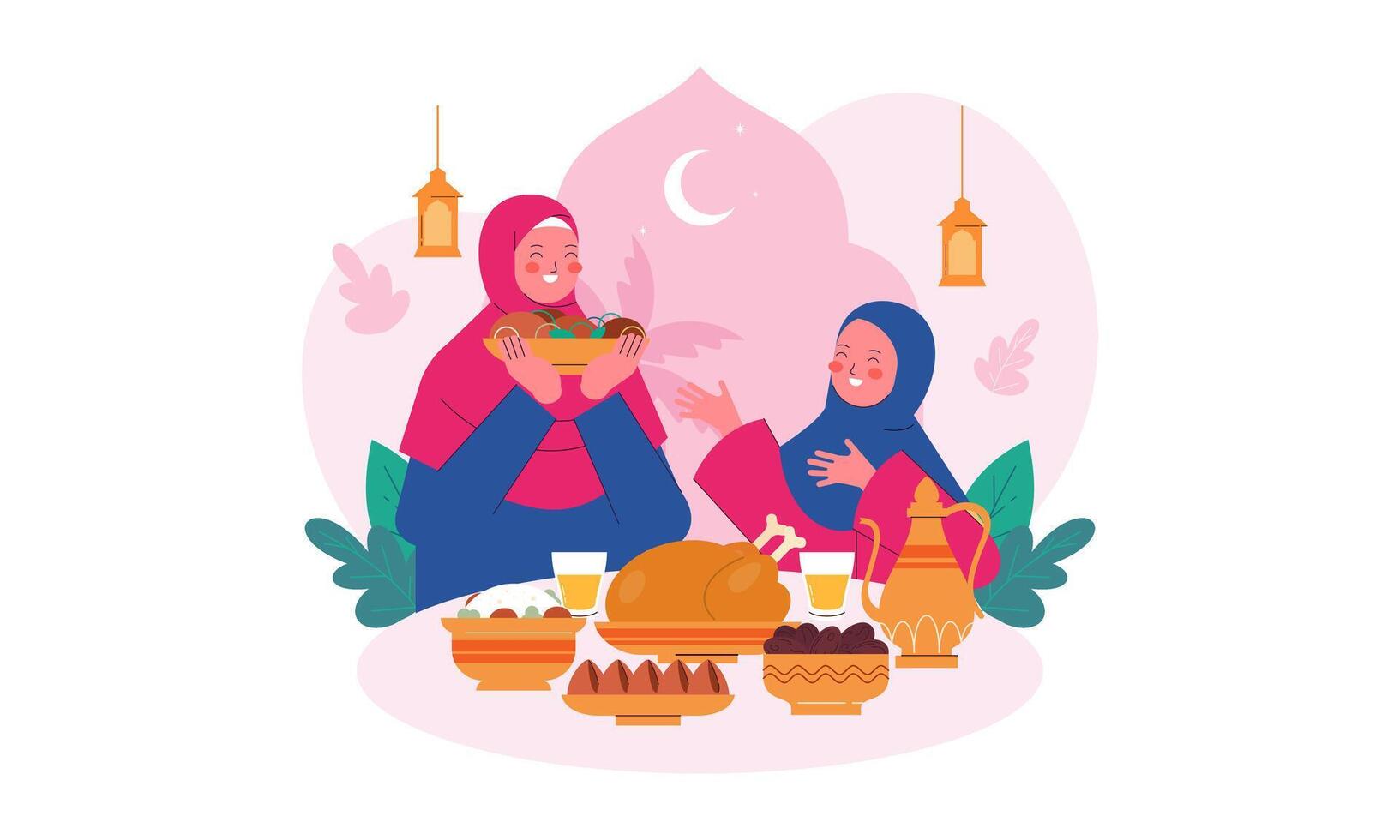 Iftar Eating after Fasting Feast Party Concept. Flat Design Illustration of Muslim Family Breaking the Fast in Ramadan. Design for Landing Page, Banner, Background, Poster. vector