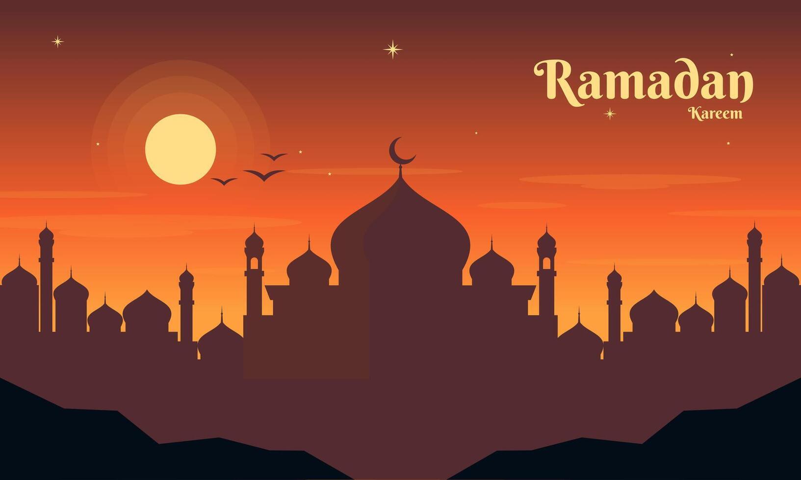 Ramadan Kareem Background with Mosque Silhouette and Sunset vector
