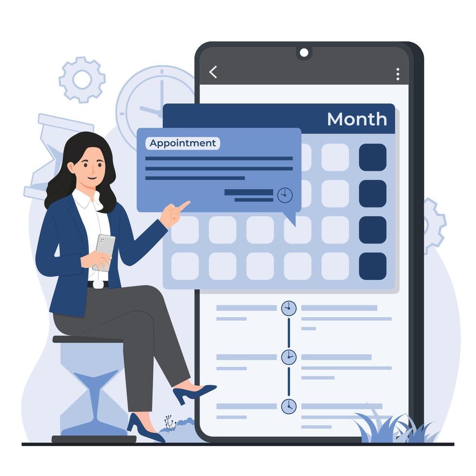 appointment booking concept Businesswoman sitting on a chair with a phone and a calendar. illustration. vector