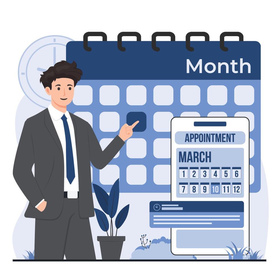 appointment booking concept Businessman showing schedule on calendar. illustration in flat style. vector