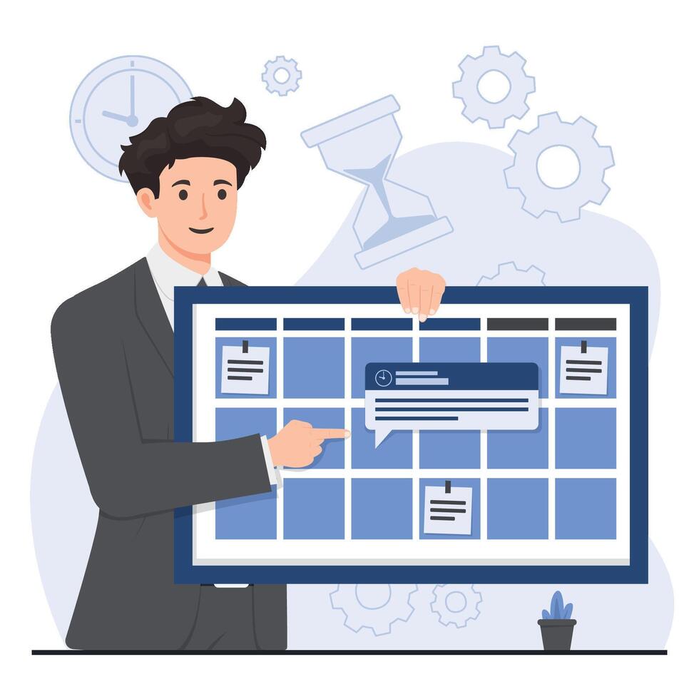 appointment booking concept Businessman working on web browser window. illustration in flat style vector
