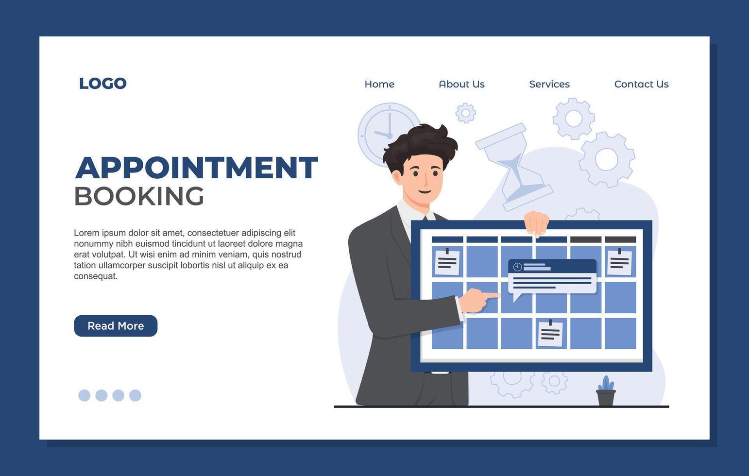Appointment web banner template. Flat design illustration. Businessman with laptop and calendar. vector