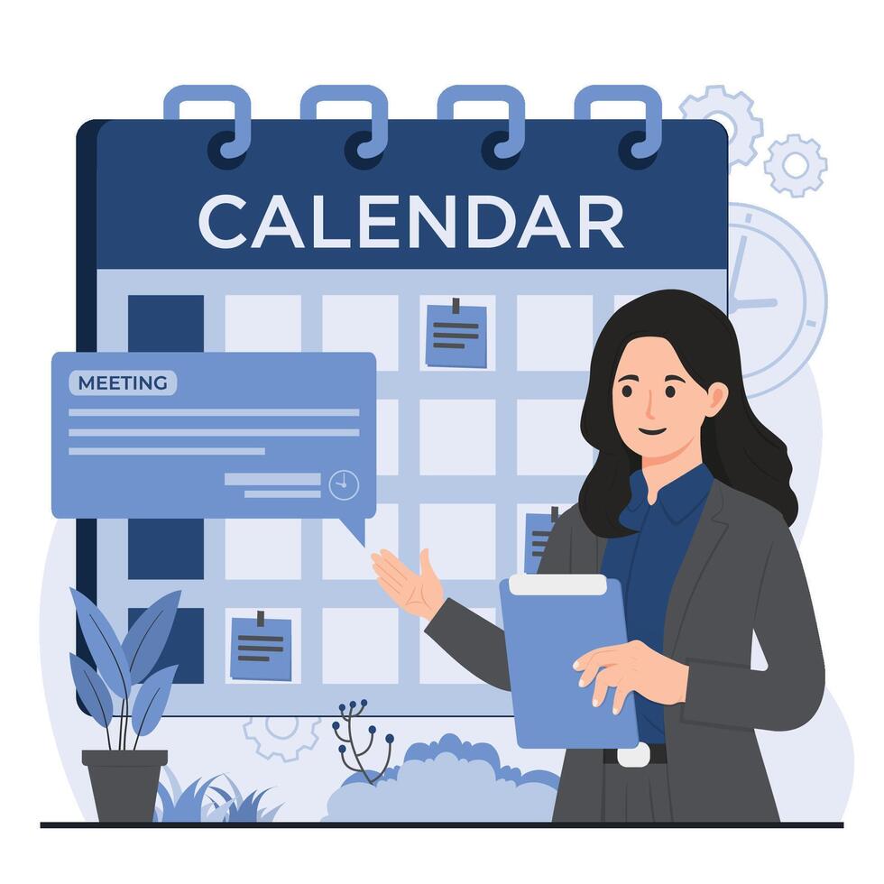appointment booking concept Calendar reminder flat illustration. Calendar planner with female character. vector