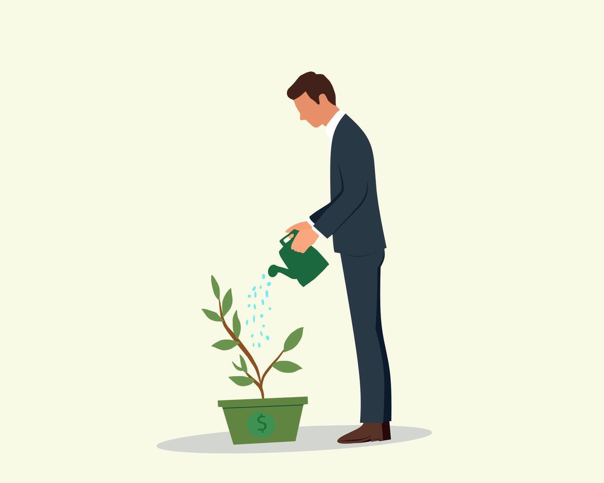 Man in a suit watering a small plant in a pot marked with a dollar sign, representing financial care, savings growth, and investment potential. Simple flat design vector