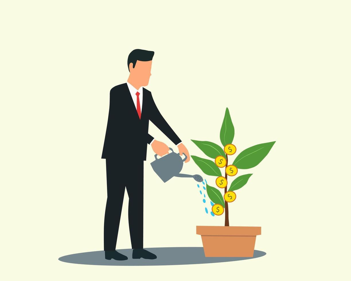 Businessman watering a potted money tree, symbolizing investment growth, financial nurturing, and wealth creation. Flat illustration on a light background vector