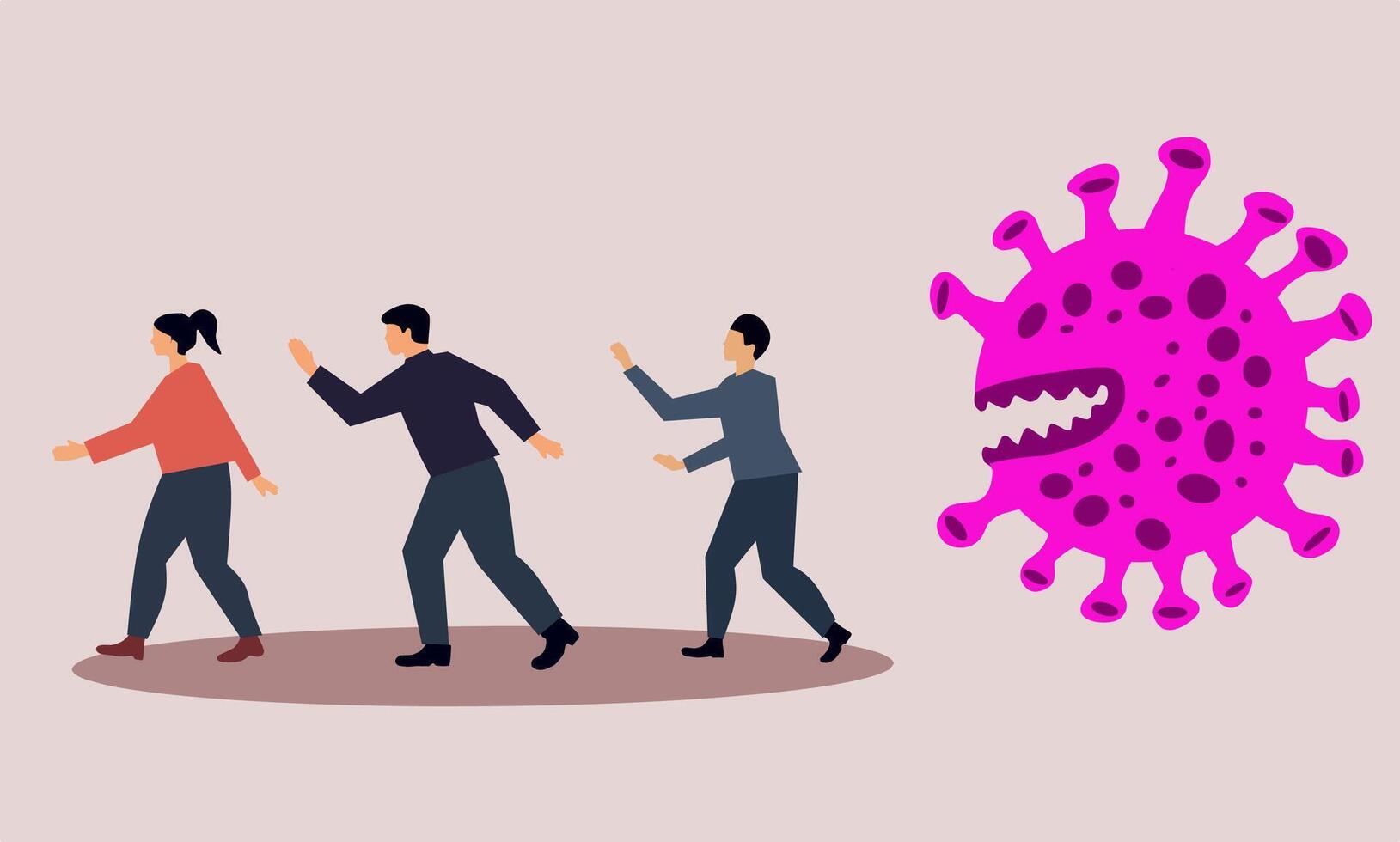 Illustration of people running away from a giant pink virus with sharp teeth, symbolizing fear and pandemic impact. Perfect for health, awareness, and medical concepts vector