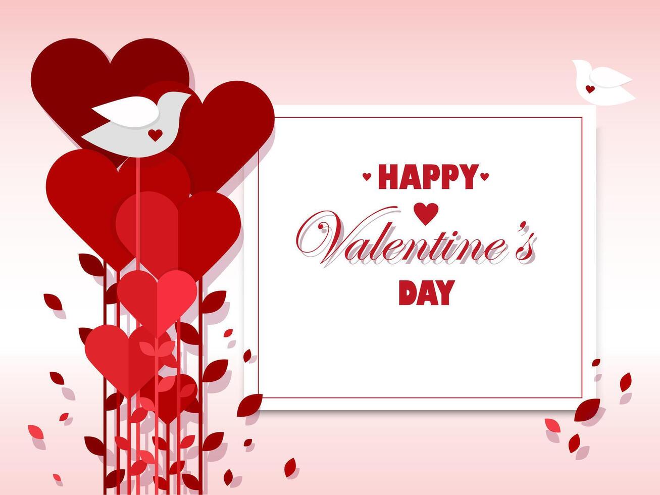 Valentine's Day greeting card, invitation banner, congratulation message. Romantic background with red hearts and white pigeon. vector