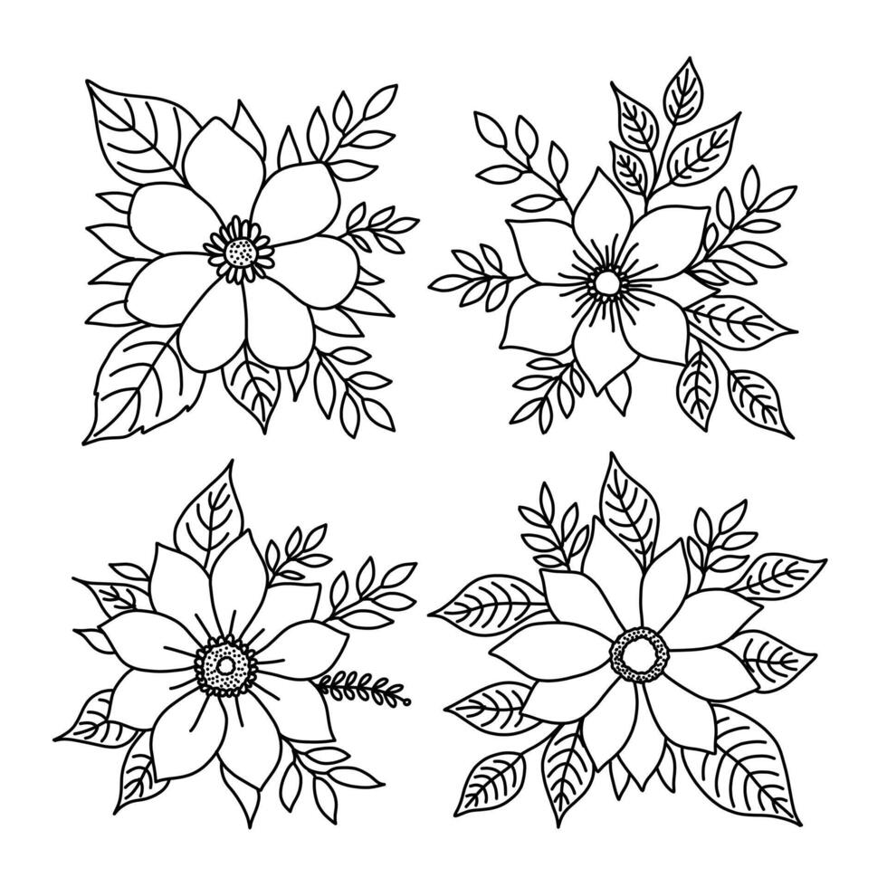 A Set of Hand Drawn Floral Arrangements Outline Flowers and Leaves Bouquet vector