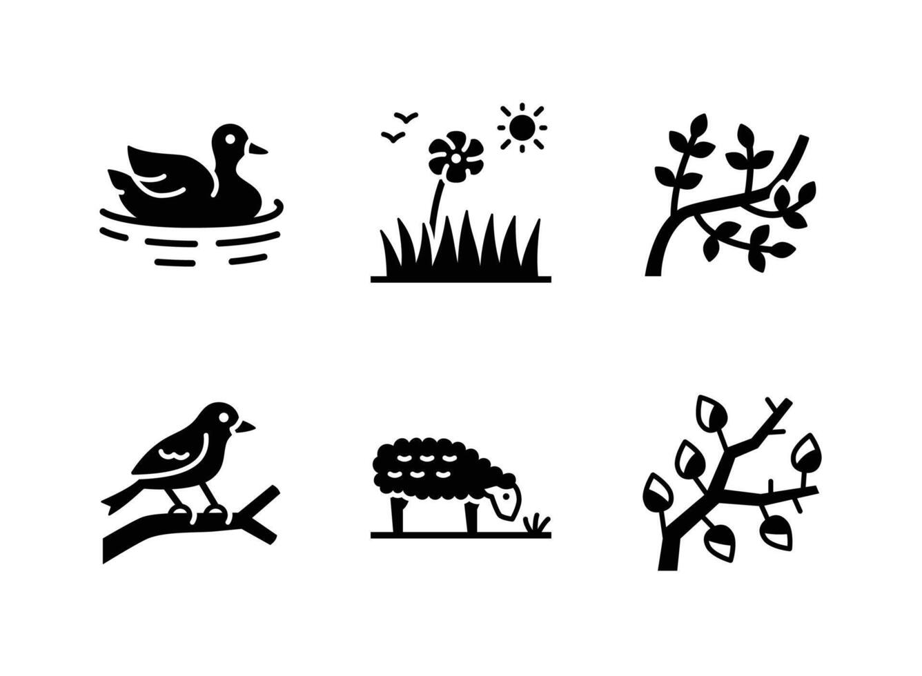 Duck, Grass Flower, Branch Leaves Solid Icons vector