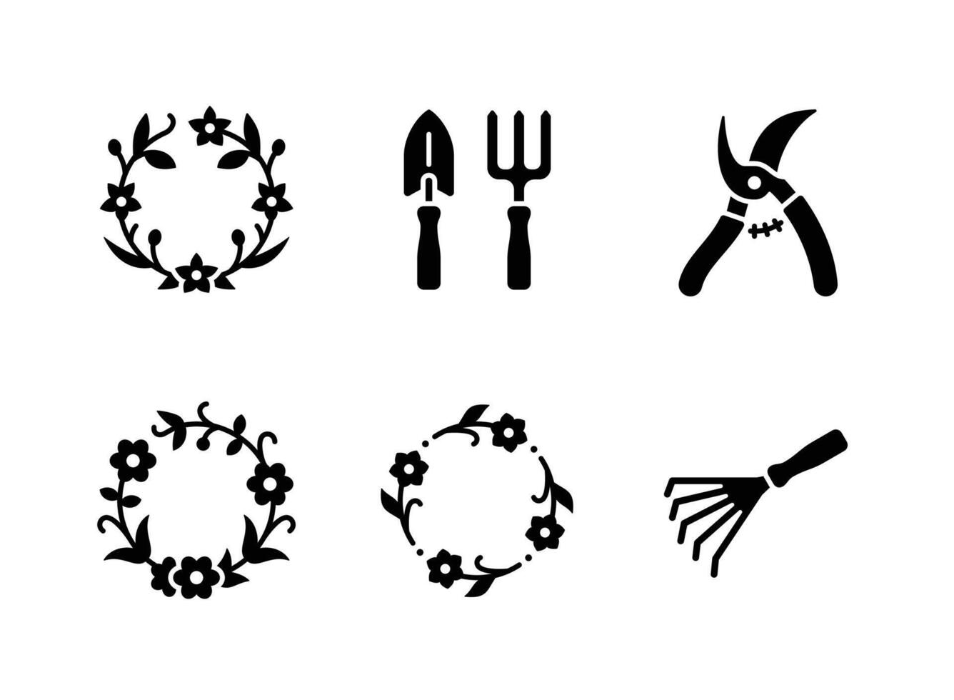 Flower Wreath, Gardening Tools, Pruner Shears Solid Icons vector