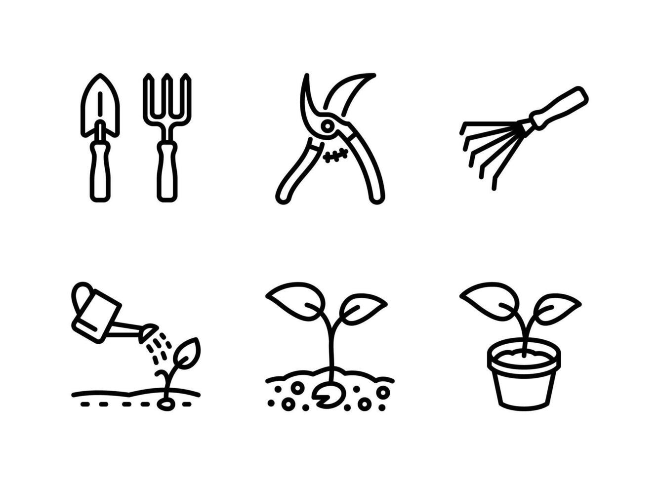 Gardening Tools, Prunes Shears, Rake Line Icons vector