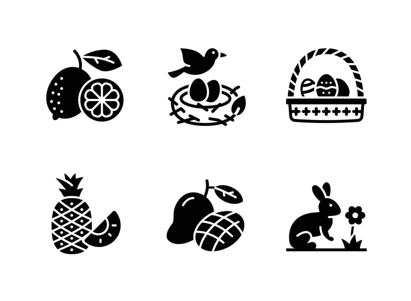Lemon, Bird Nest, Easter Egg Solid Icons vector