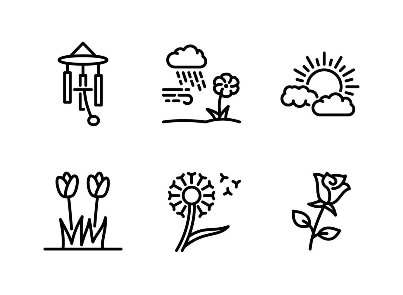 Wind Chime, Cloudy Rain, Sunny Line Icons vector