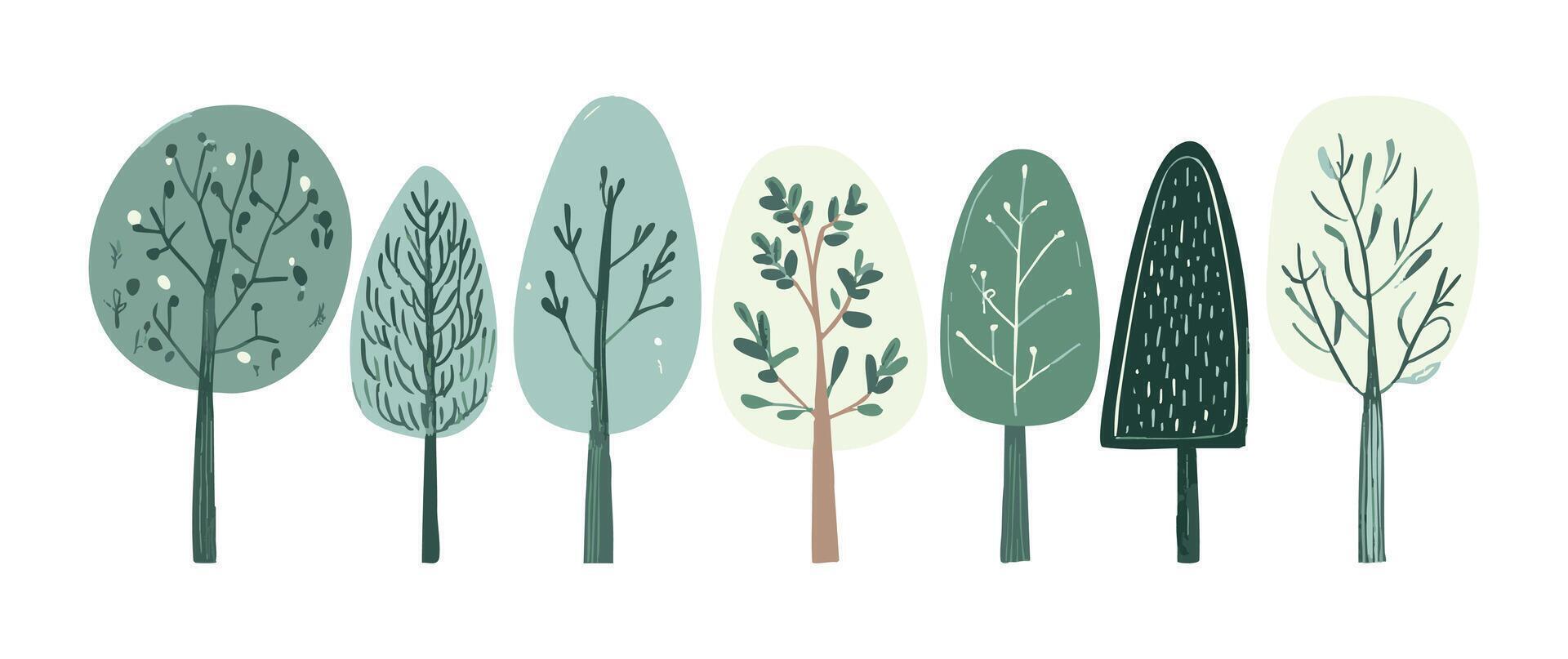 Flat design tree and leaf collection, perfect for botanical and nature-inspired projects design. Green yellow colored leaves vector