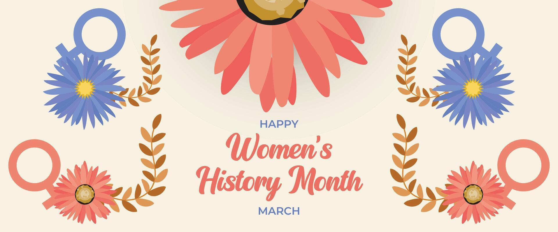 Soft cream background with floral elements and gender symbols celebrating Womens History Month and the empowerment of women vector