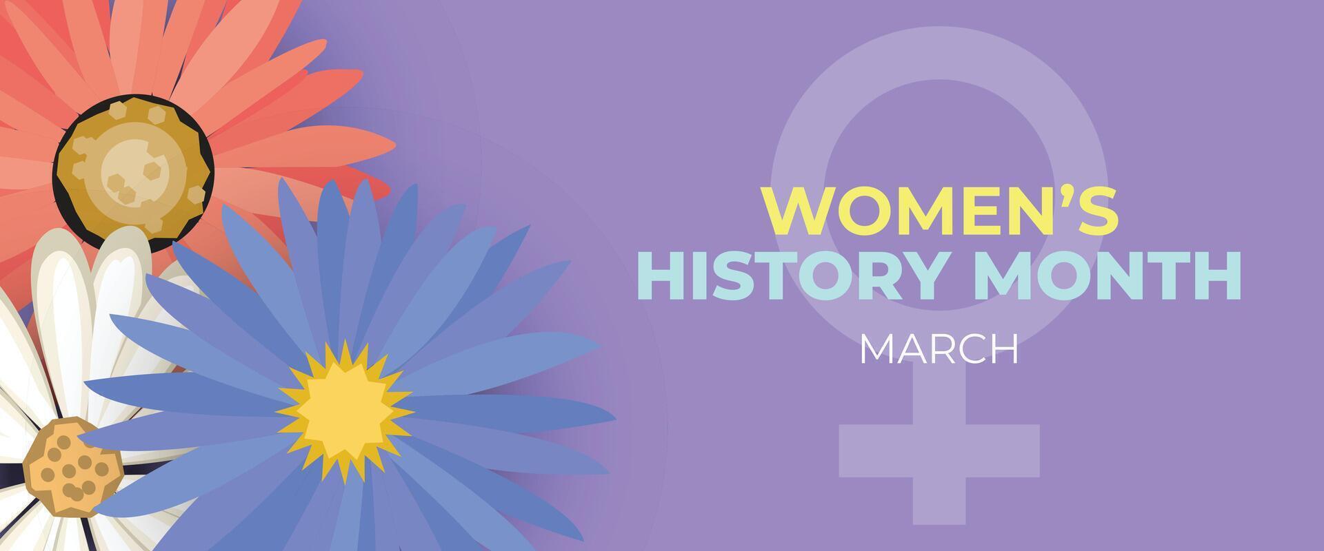 Pastel purple background with floral elements and a female gender symbol, symbolizing Womens History Month and gender equality vector