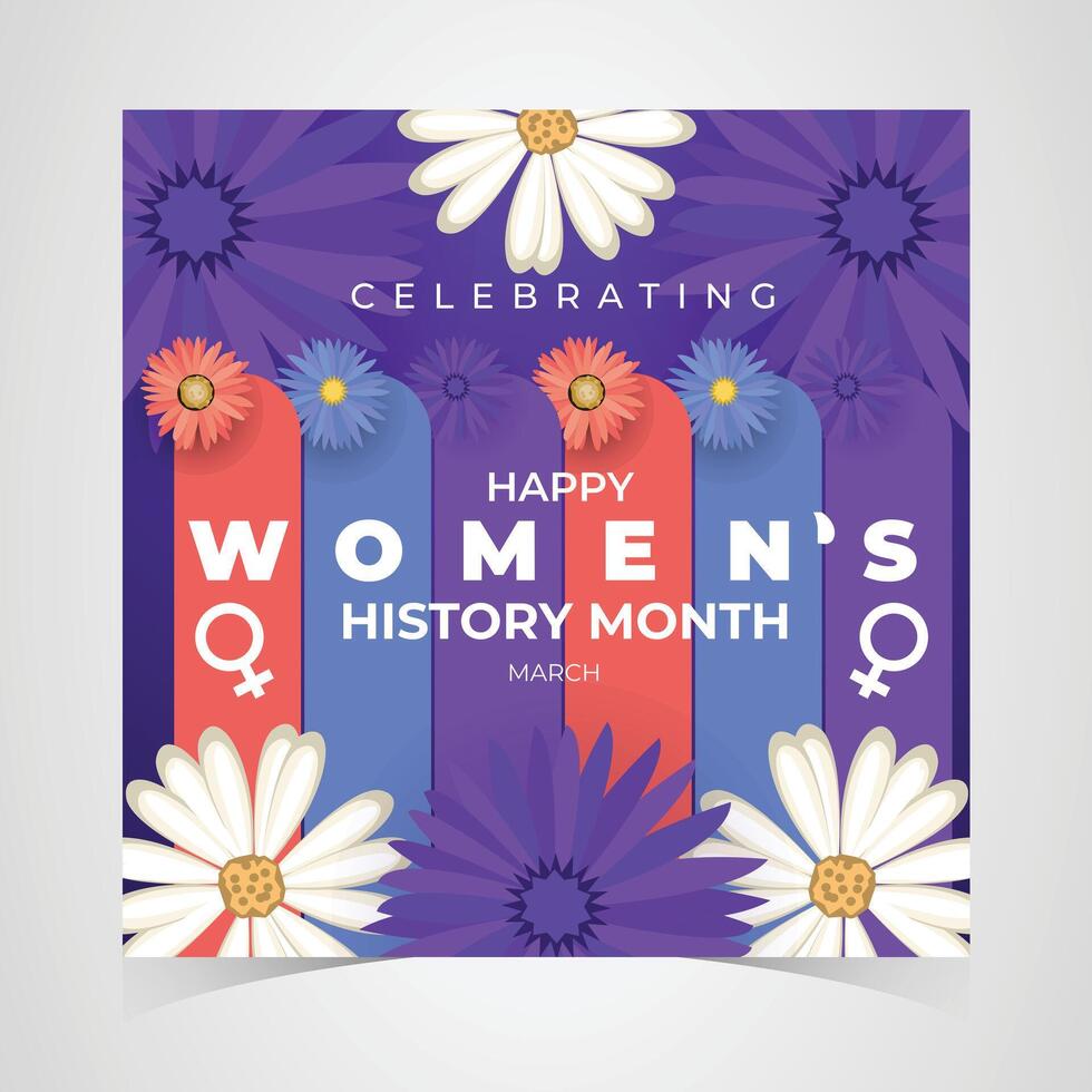 bold womens history month design with purple background, floral elements, and daisies celebrating achievements and empowerment vector