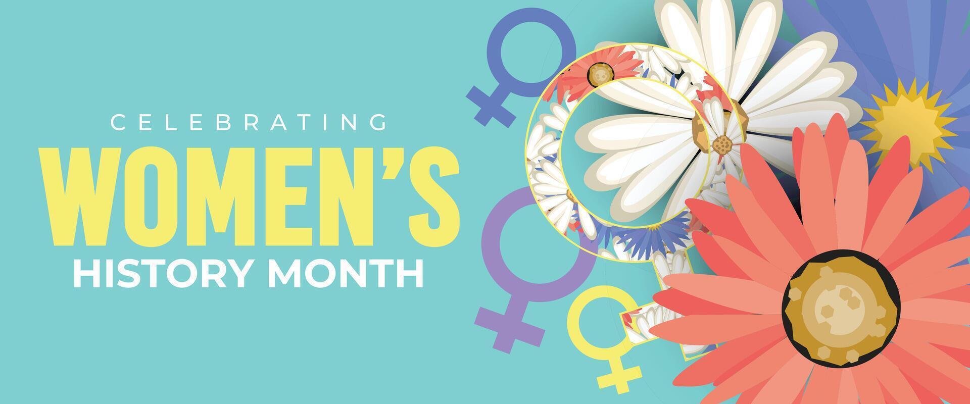 Bright teal background with floral designs and gender symbols celebrating Womens History Month with vibrant colors symbolizing equality vector