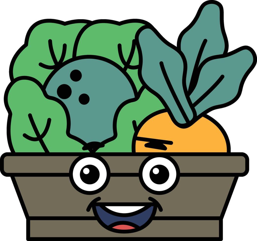 A cartoon face with a basket of vegetables in it vector