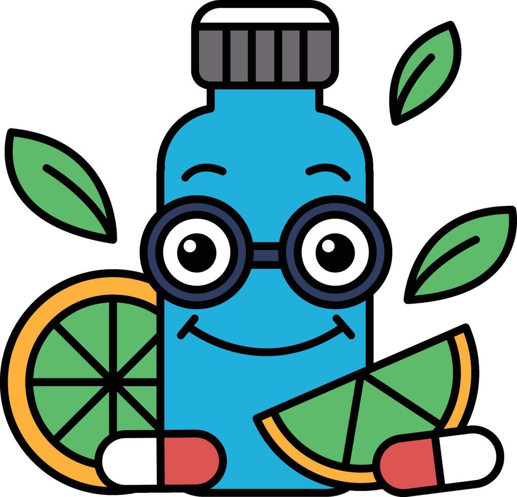 A cartoon character with glasses and a smile is holding a blue bottle vector