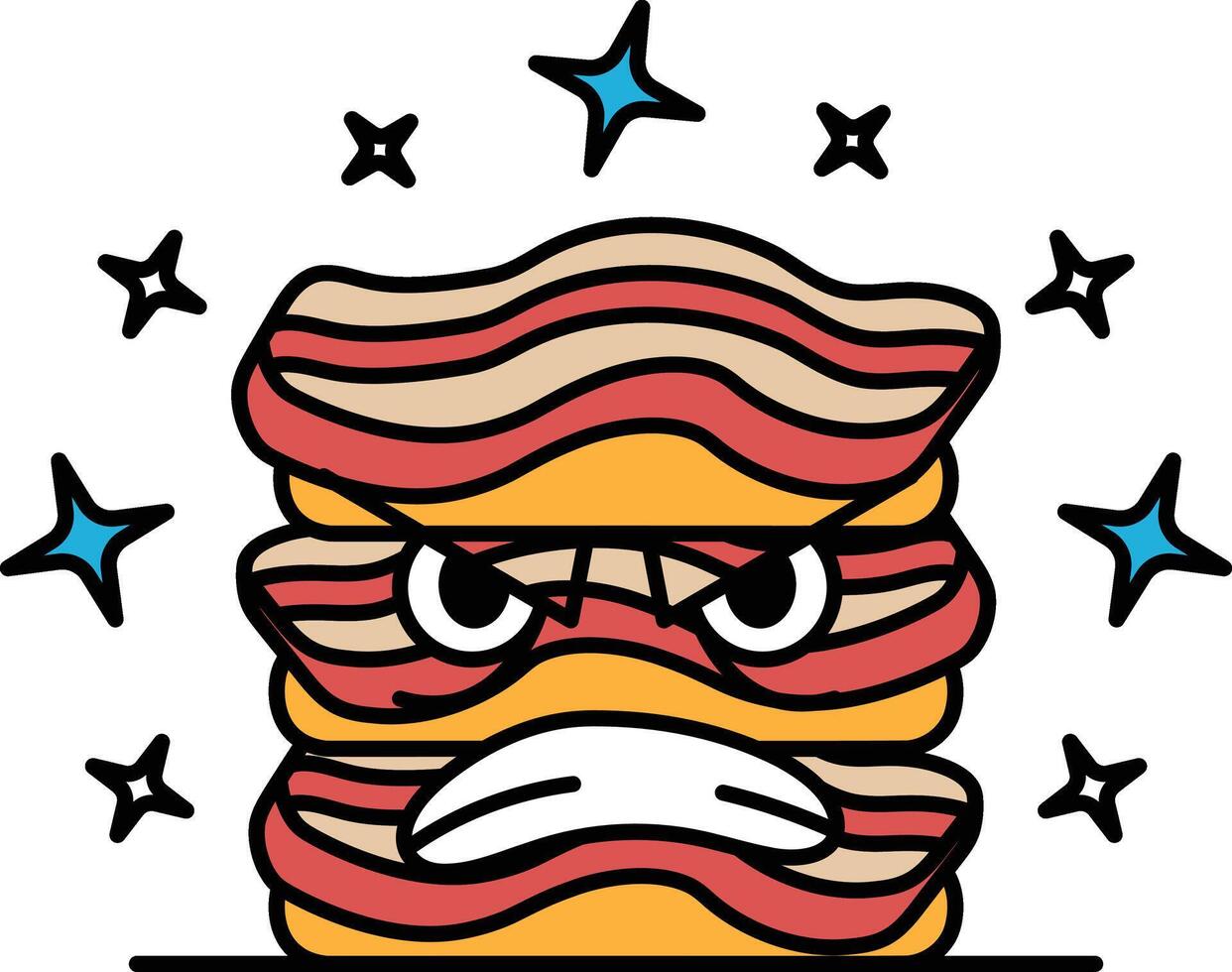 A cartoon of a hot dog with a face that looks angry and is surrounded by stars vector
